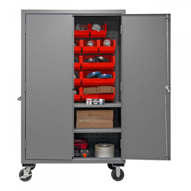 DURHAM MFG 2502M-BLP-18-2S-1795 Mobile Cabinet, 2 Shelves, 18 Red Bins