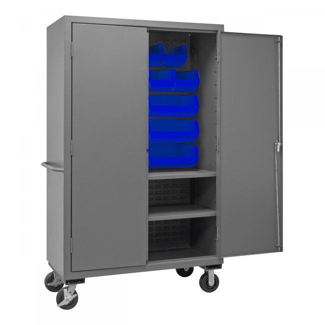 DURHAM MFG 2502M-BLP-18-2S-5295 Mobile Cabinet, 2 Shelves, 18 Blue Bins