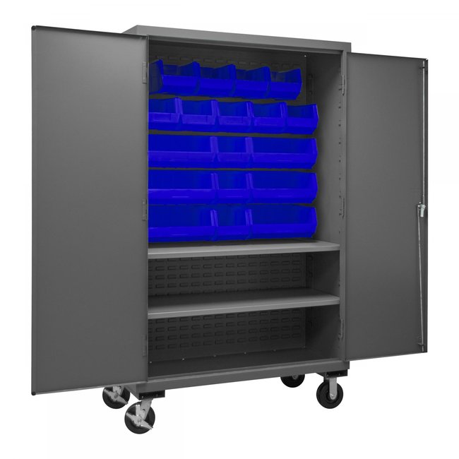 DURHAM MFG 2502M-BLP-18-2S-5295 Mobile Cabinet, 2 Shelves, 18 Blue Bins