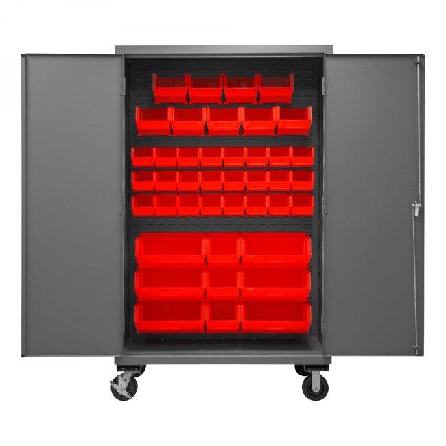 DURHAM MFG 2502M-BLP-42-1795 Mobile Cabinet, 42 Red Bins