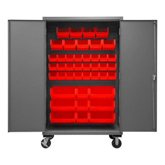 DURHAM MFG 2502M-BLP-42-1795 Mobile Cabinet, 42 Red Bins