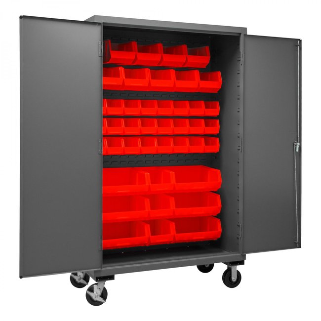 DURHAM MFG 2502M-BLP-42-1795 Mobile Cabinet, 42 Red Bins