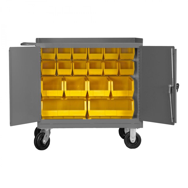DURHAM MFG 3100-BLP-18-95 Mobile Bench Cabinet, 18 Yellow Bins
