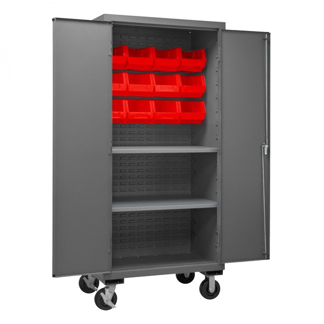 DURHAM MFG 3501M-BLP-12-2S-1795 Mobile Cabinet, 2 Shelves, 12 Red Bins