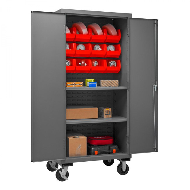 DURHAM MFG 3501M-BLP-12-2S-1795 Mobile Cabinet, 2 Shelves, 12 Red Bins