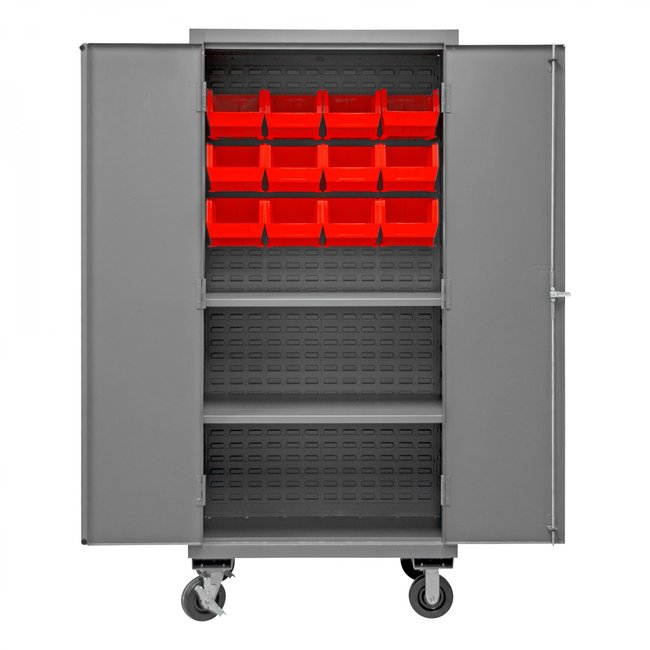 DURHAM MFG 3501M-BLP-12-2S-1795 Mobile Cabinet, 2 Shelves, 12 Red Bins