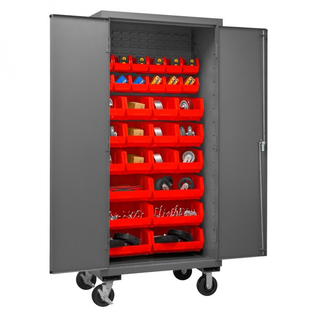 DURHAM MFG 3501M-BLP-30-1795 Mobile Cabinet, 30 Red Bins