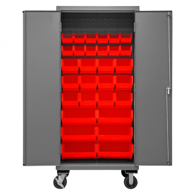 DURHAM MFG 3501M-BLP-30-1795 Mobile Cabinet, 30 Red Bins