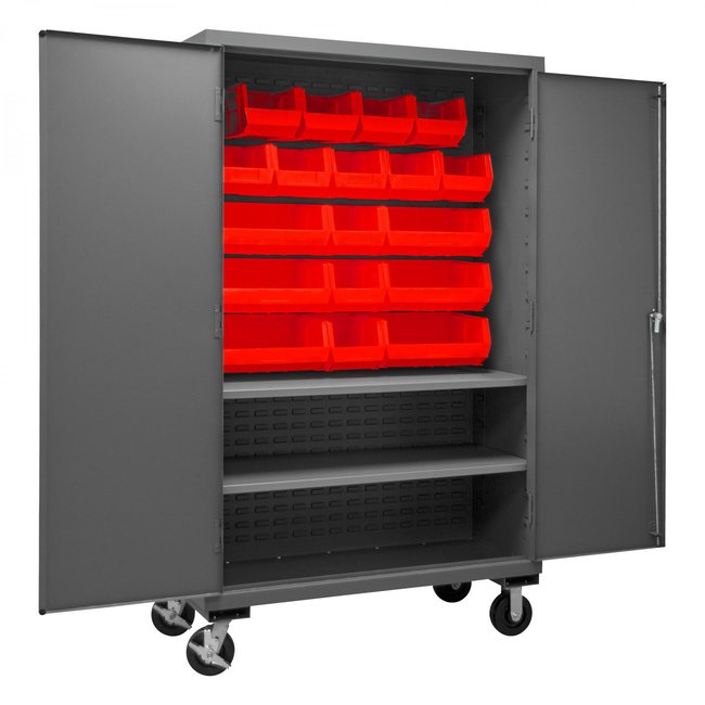 DURHAM MFG 3502M-BLP-18-2S-1795 Mobile Cabinet, 2 Shelves, 18 Red Bins