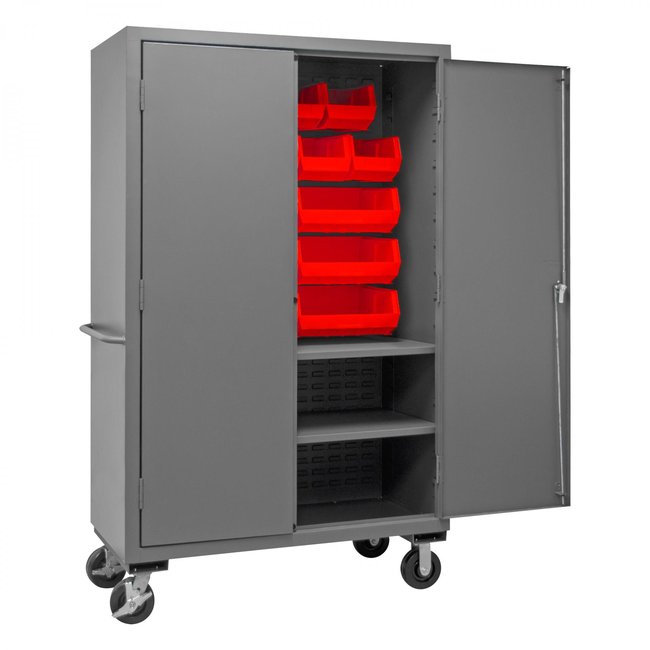 DURHAM MFG 3502M-BLP-18-2S-1795 Mobile Cabinet, 2 Shelves, 18 Red Bins