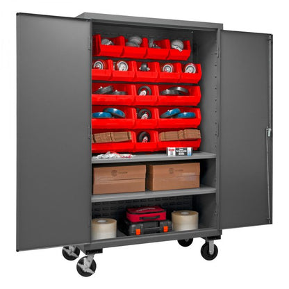 DURHAM MFG 3502M-BLP-18-2S-1795 Mobile Cabinet, 2 Shelves, 18 Red Bins