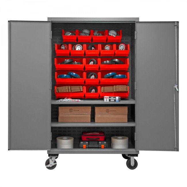 DURHAM MFG 3502M-BLP-18-2S-1795 Mobile Cabinet, 2 Shelves, 18 Red Bins