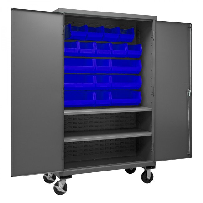 DURHAM MFG 3502M-BLP-18-2S-5295 Mobile Cabinet, 2 Shelves, 18 Blue Bins