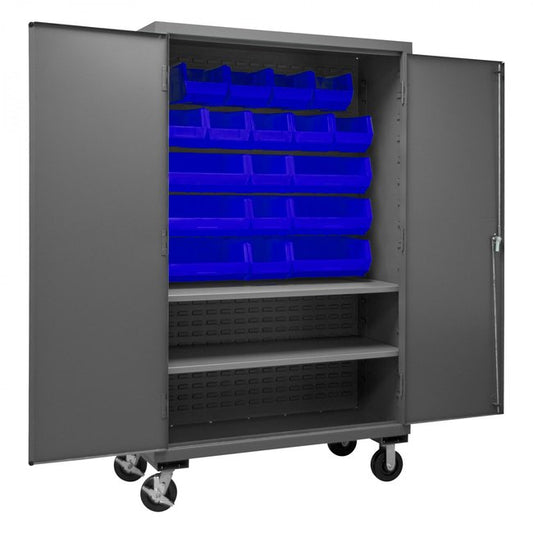 DURHAM MFG 3502M-BLP-18-2S-5295 Mobile Cabinet, 2 Shelves, 18 Blue Bins