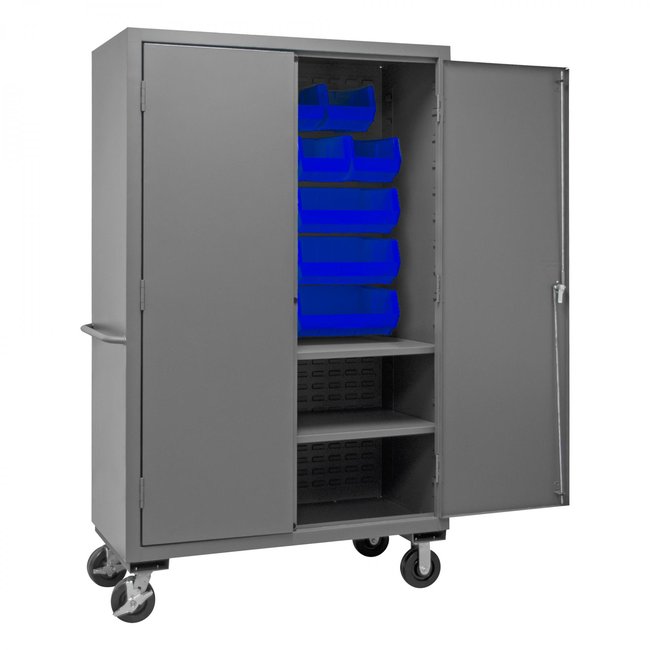 DURHAM MFG 3502M-BLP-18-2S-5295 Mobile Cabinet, 2 Shelves, 18 Blue Bins