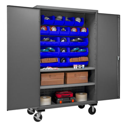 DURHAM MFG 3502M-BLP-18-2S-5295 Mobile Cabinet, 2 Shelves, 18 Blue Bins