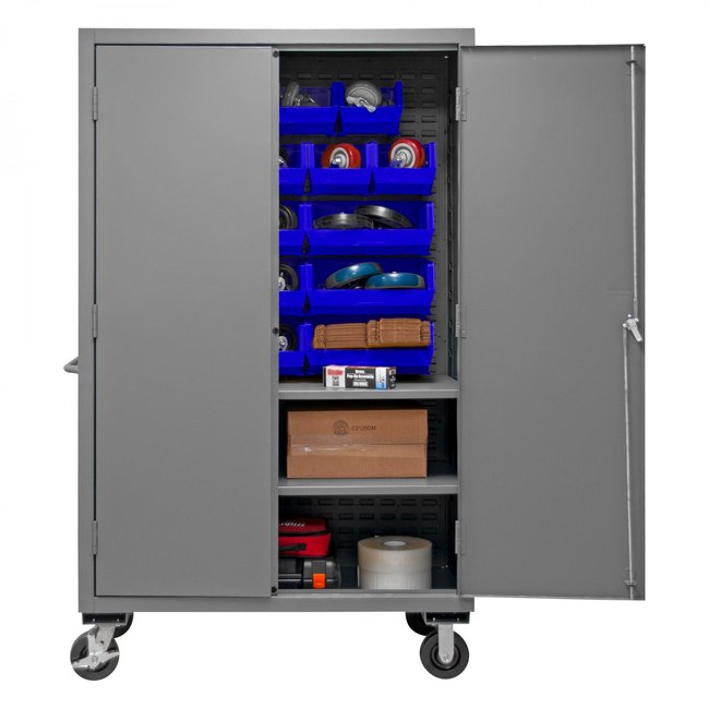 DURHAM MFG 3502M-BLP-18-2S-5295 Mobile Cabinet, 2 Shelves, 18 Blue Bins