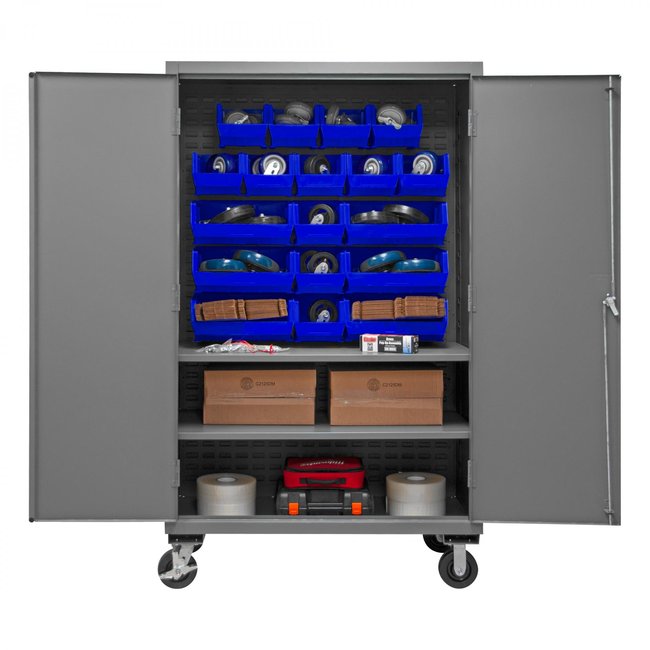 DURHAM MFG 3502M-BLP-18-2S-5295 Mobile Cabinet, 2 Shelves, 18 Blue Bins