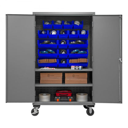 DURHAM MFG 3502M-BLP-18-2S-5295 Mobile Cabinet, 2 Shelves, 18 Blue Bins