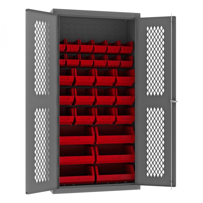 DURHAM MFG EMDC-362472-30B-1795 Ventilated Cabinet, 30 Red Bins