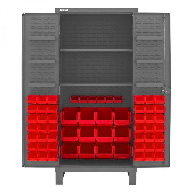 DURHAM MFG HDC36-60-2S6D1795 Cabinet, 2 Shelves, 60 Red Bins