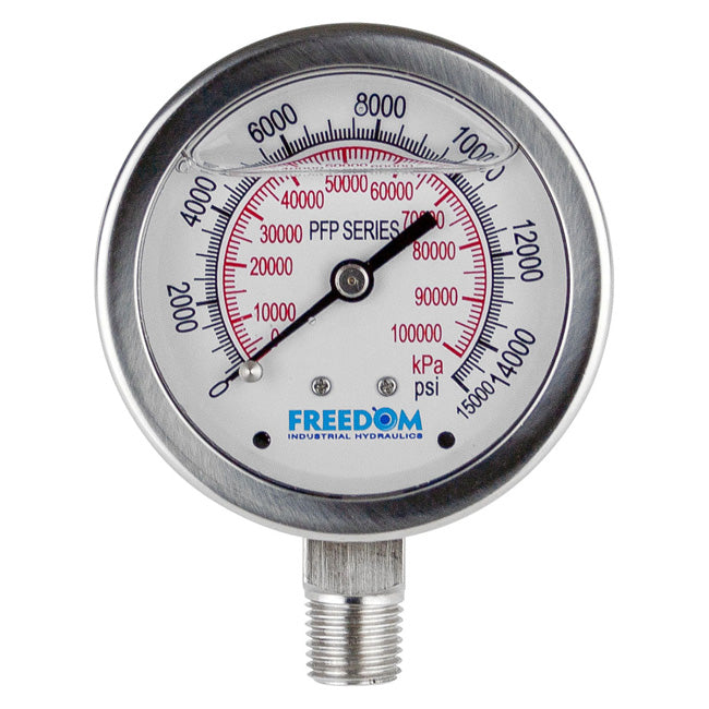 Freedom Hydraulics 2.5 Inch Face, Glycerin Filled Liquid Gauge, 15,000 Psi, 1/4 Inch Nptf