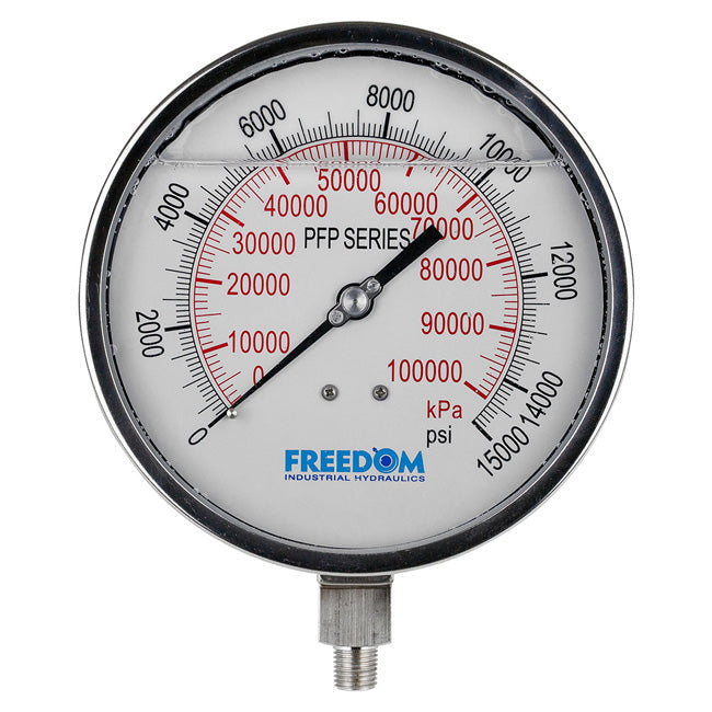 Freedom Hydraulics 6 Inch Face, Glycerin Filled Liquid Gauge, 15,000 Psi, 1/4 Inch Nptf