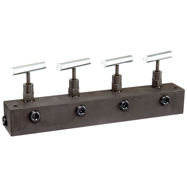Freedom Hydraulics 12In. Long Manifold Block With 4 Needle Valves, 1 In - 4 Out, 3/8In. Nptf