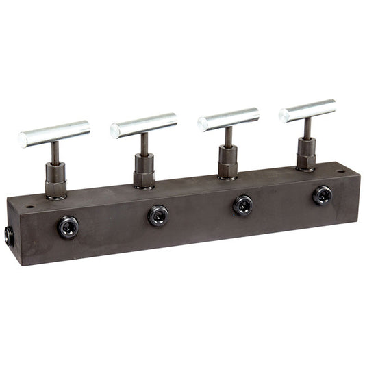 Freedom Hydraulics 12In. Long Manifold Block With 4 Needle Valves, 1 In - 4 Out, 3/8In. Nptf