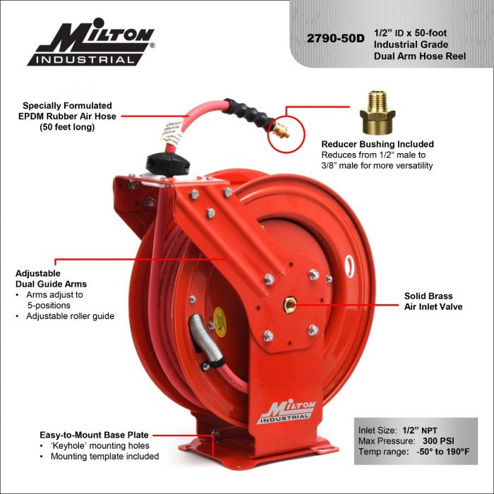 Milton 2790-50D Auto-Retracting Hose Reel 1/2" MNPT x 50'