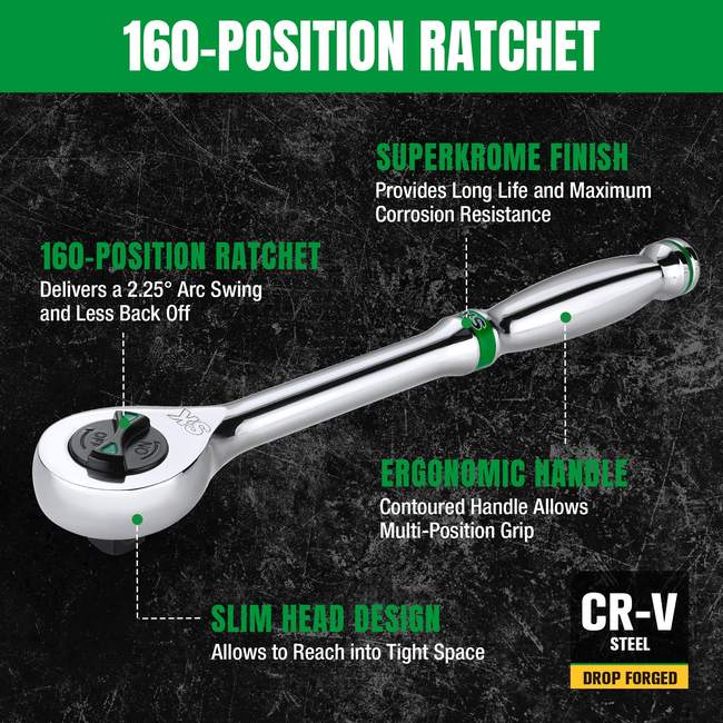 SK Tools SK01002 1/2 in. Drive, 160-Position Chrome Ratchet, 11.2 in. 2