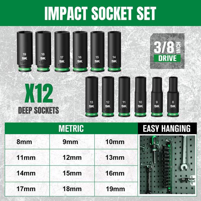 SK Tools SK01351 3/8 in. Drive, 12 Piece, 6 Point, Metric Deep Impact 3